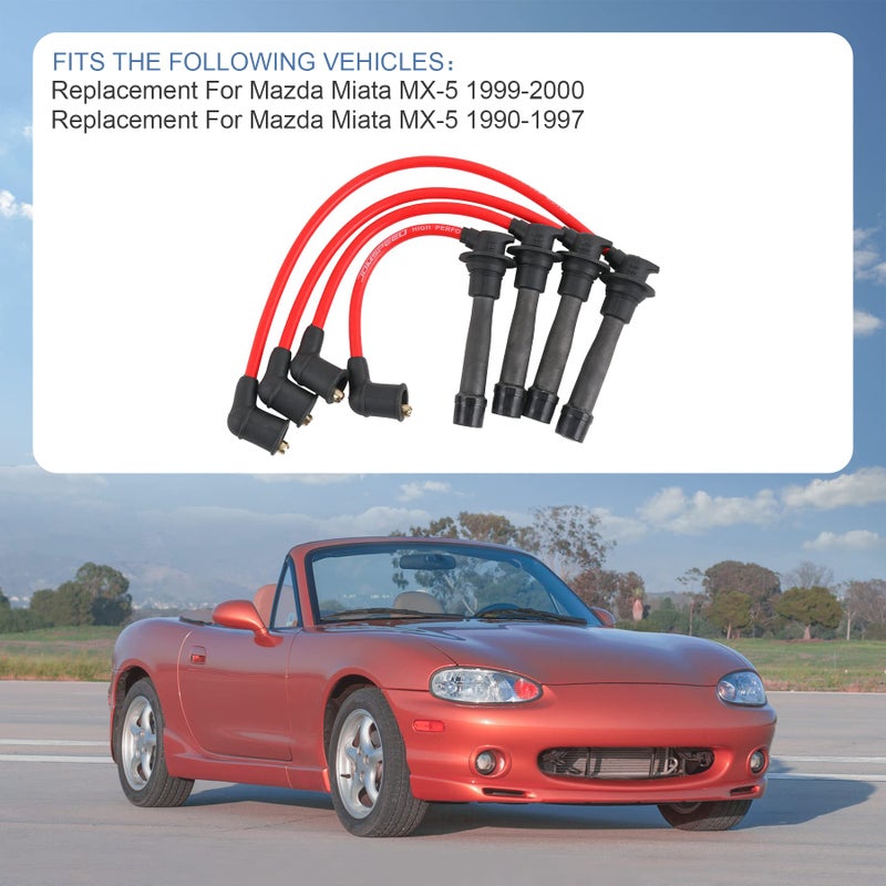 JDMSPEED New Red Ignition Spark Plug Wires Set Replacement for Mazda Miata MX-5 1.6L 1.8L Engines 1990-2000 10.2mm Replaces B61P18140A, B61P18140B, B61P18140C, BPE818140A - Image 2